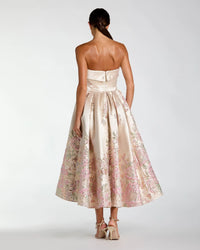 Mac Duggal 21372 Champagne Multi Floral Satin Brocade Strapless Gown with Side Pockets