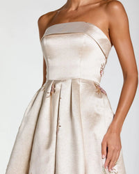 Mac Duggal 21372 Champagne Multi Floral Satin Brocade Strapless Gown with Side Pockets