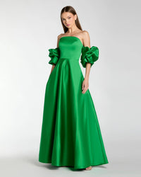 Mac Duggal 21375 Spring Green satin off the shoulder puff sleeve ball gown - Front