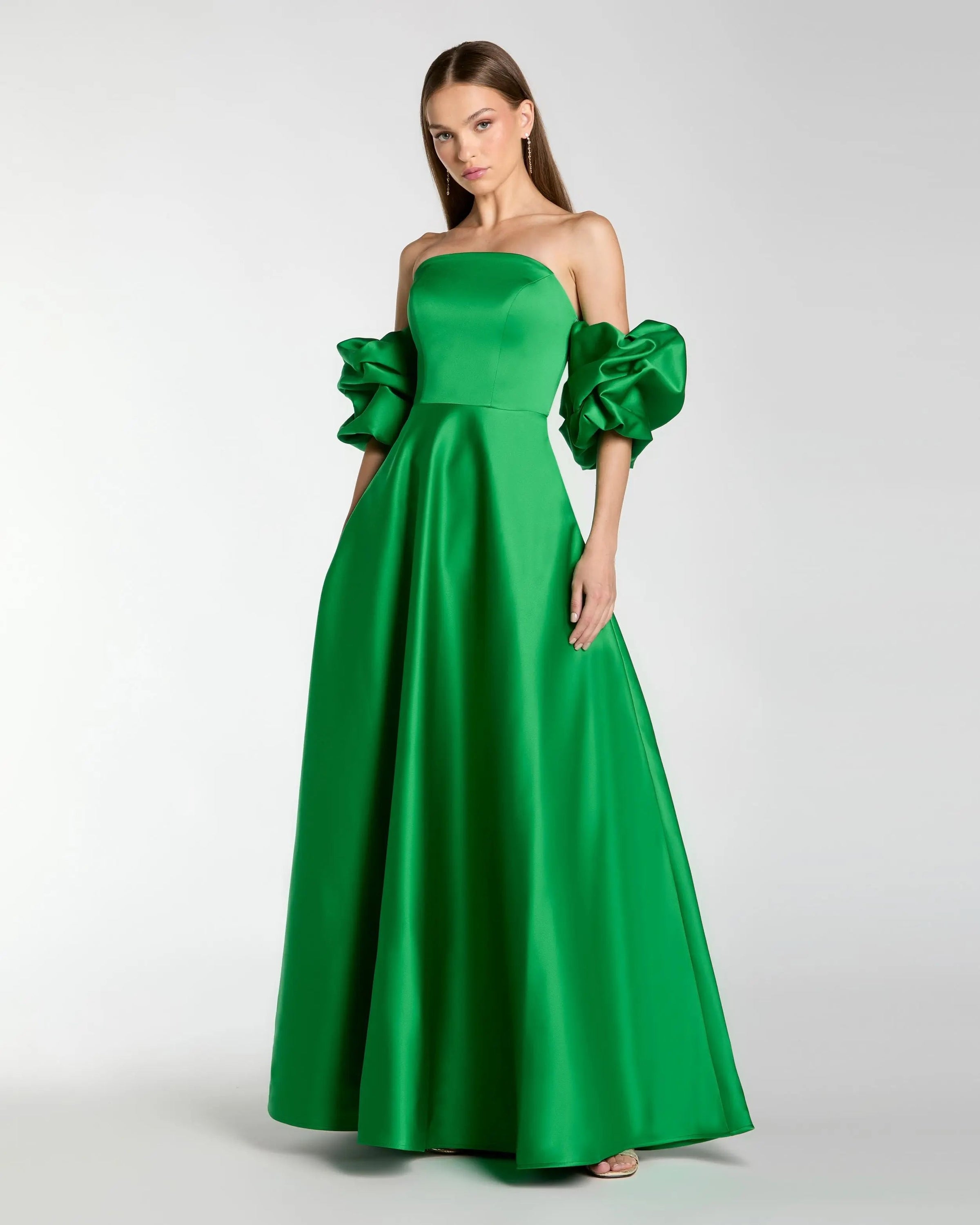 Mac Duggal 21375 Spring Green satin off the shoulder puff sleeve ball gown - Front