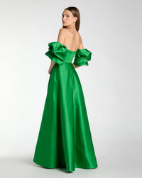 Mac Duggal 21375 Spring Green satin off the shoulder puff sleeve ball gown - Back view