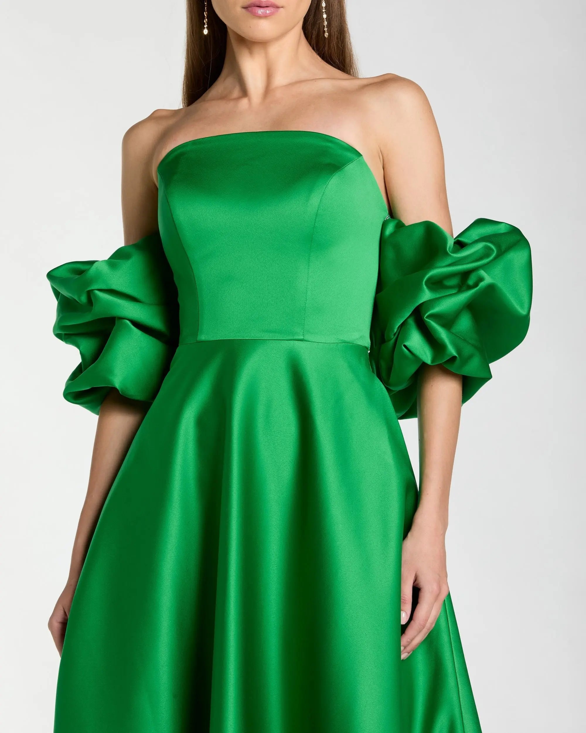 Mac Duggal 21375 Spring Green satin off the shoulder puff sleeve ball gown - Close up detail