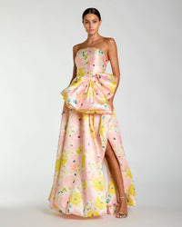 Mac Duggal 21376 Pink Multi strapless floral ball gown with bow - Front