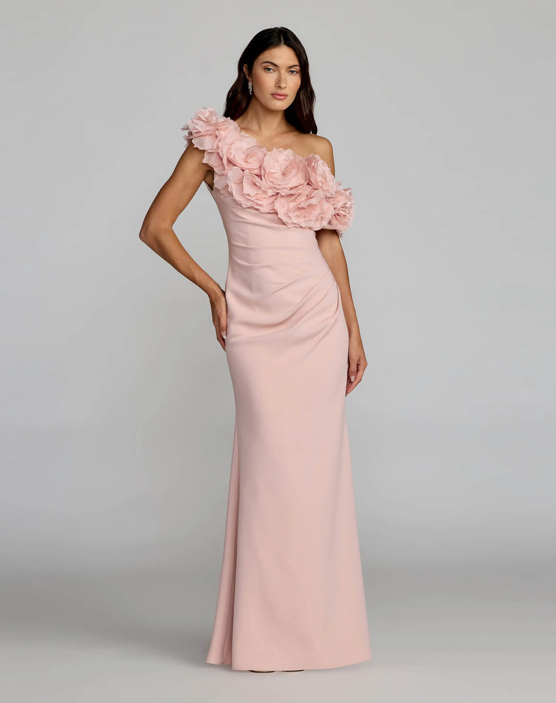 Blush-pink-one-shoulder-crepe-gown-with-floral-rosette-front