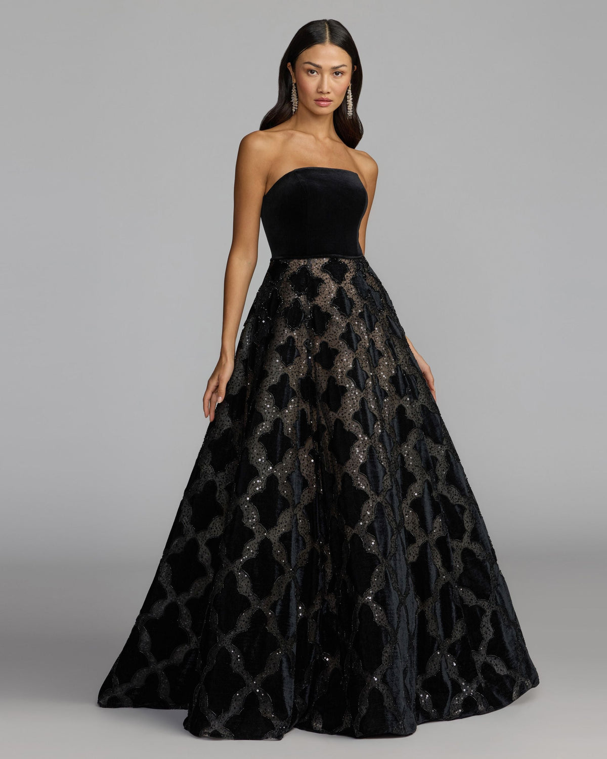 Mac Duggal #21384 black strapless velvet bodice embellished ball gown
