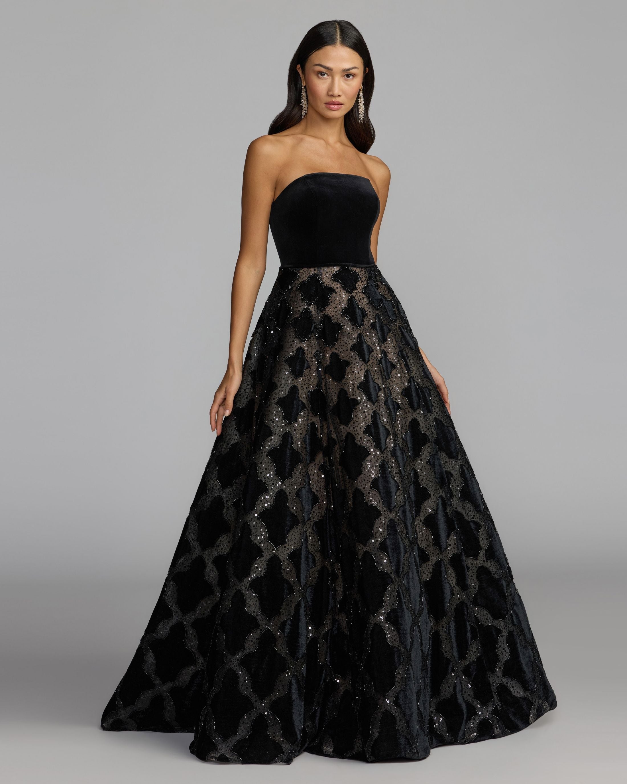 Mac Duggal #21384 black strapless velvet bodice embellished ball gown