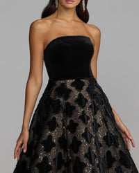 Mac Duggal #21384 black strapless velvet bodice embellished ball gown