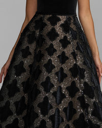 Mac Duggal #21384 black strapless velvet bodice embellished ball gown