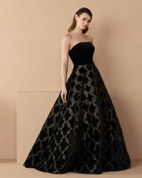 Mac Duggal #21384 black strapless velvet bodice embellished ball gown