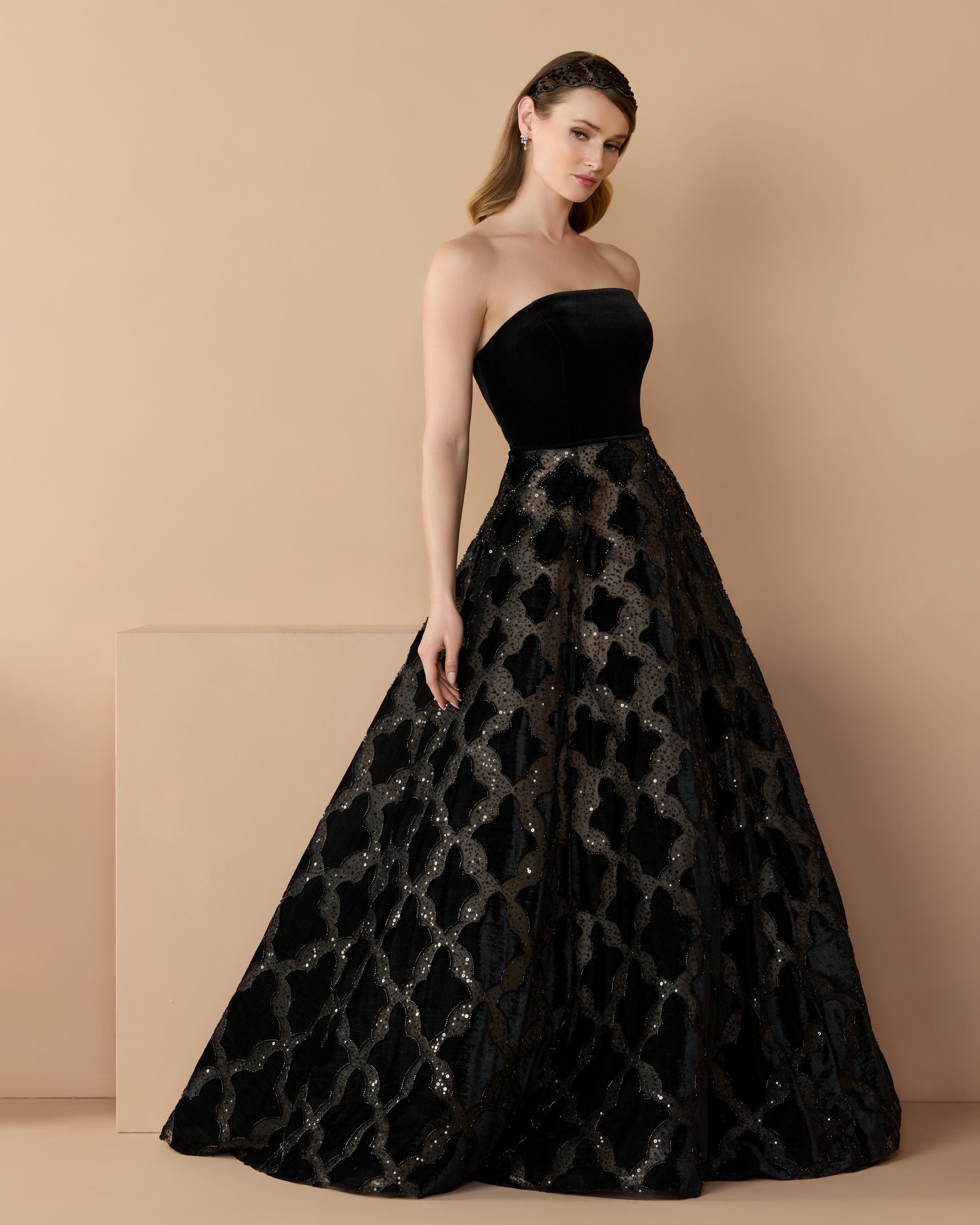Mac Duggal #21384 black strapless velvet bodice embellished ball gown