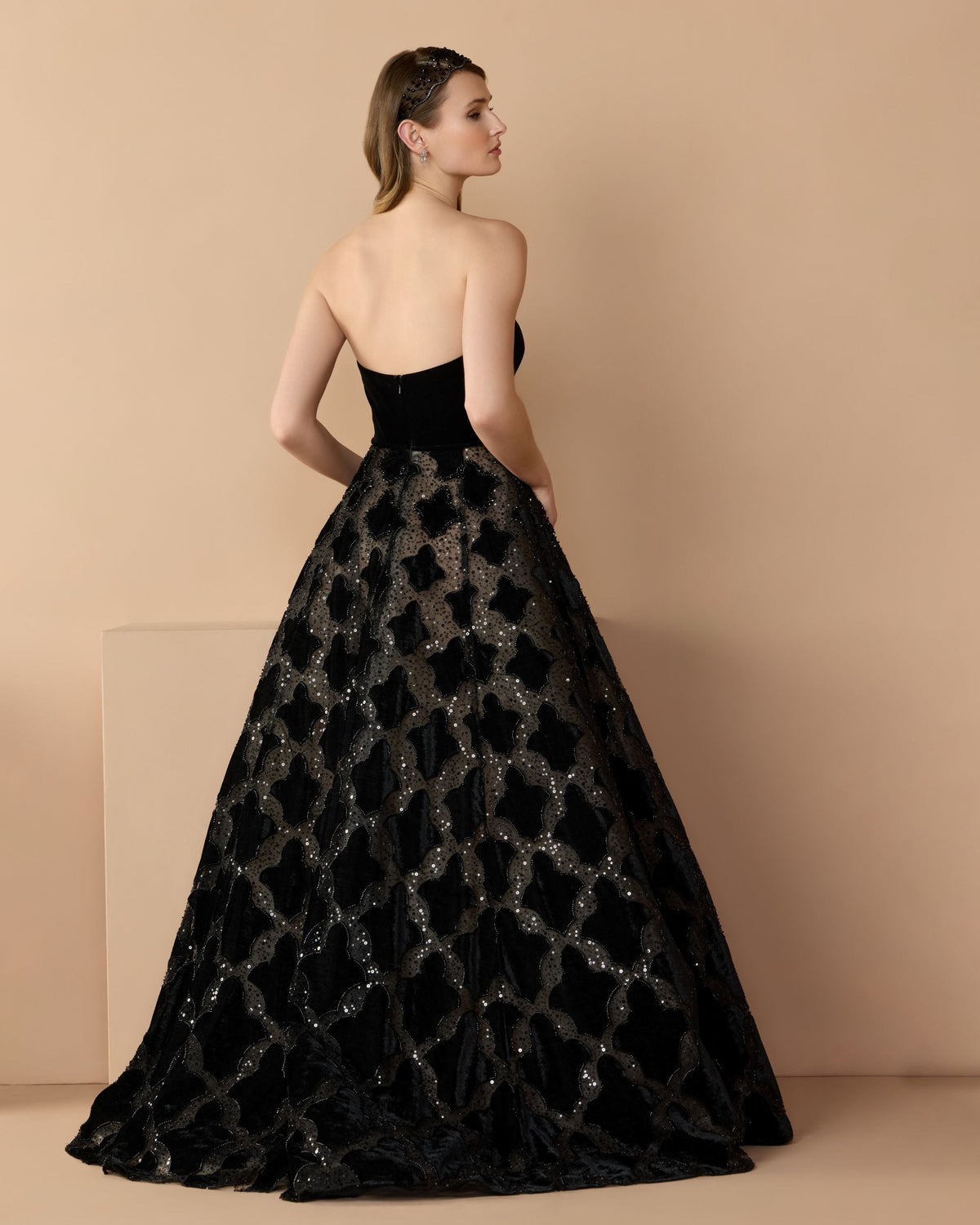 Mac Duggal #21384 black strapless velvet bodice embellished ball gown