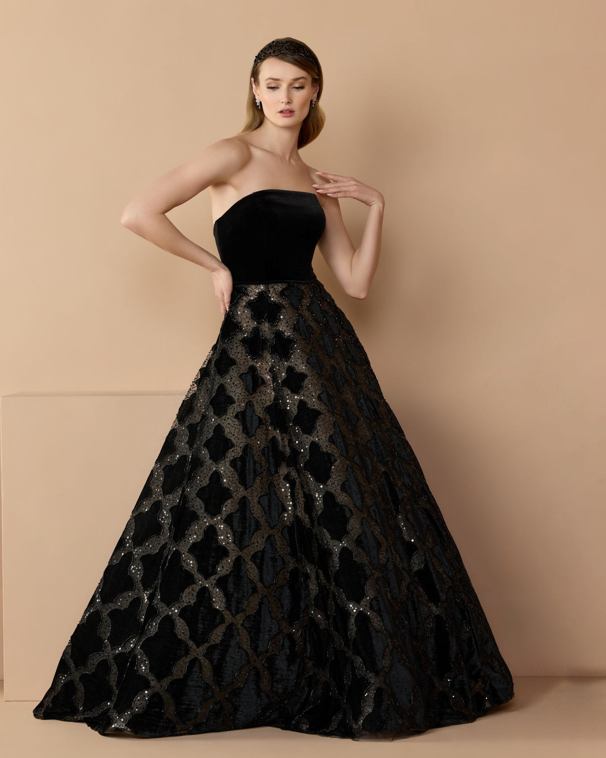 Mac Duggal #21384 black strapless velvet bodice embellished ball gown