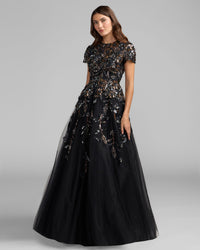 Mac Duggal #21390 black multi floral embellished high neck tulle ball gown