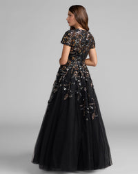 Mac Duggal #21390 black multi floral embellished high neck tulle ball gown