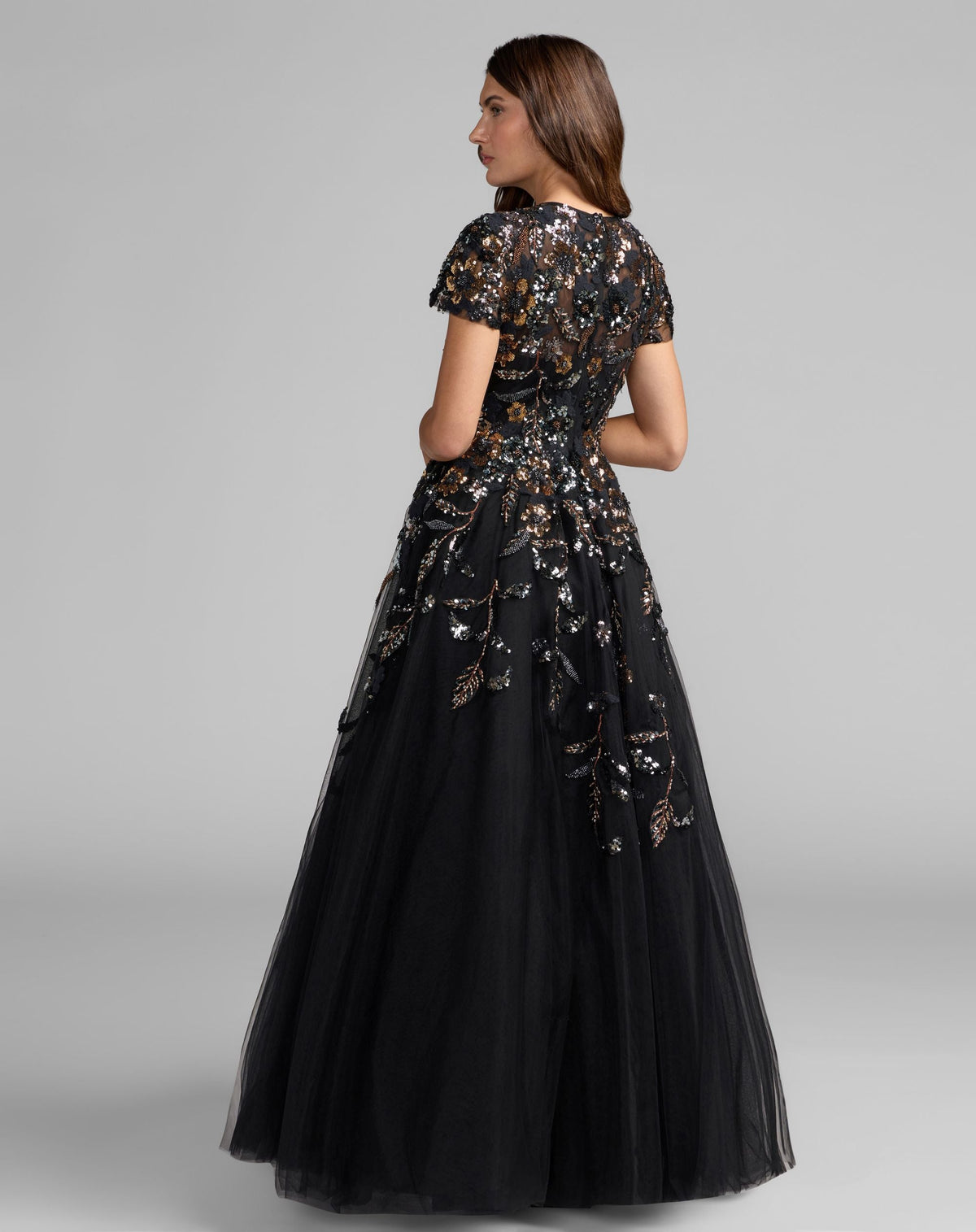 Mac Duggal #21390 black multi floral embellished high neck tulle ball gown
