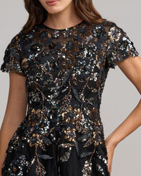 Mac Duggal #21390 black multi floral embellished high neck tulle ball gown