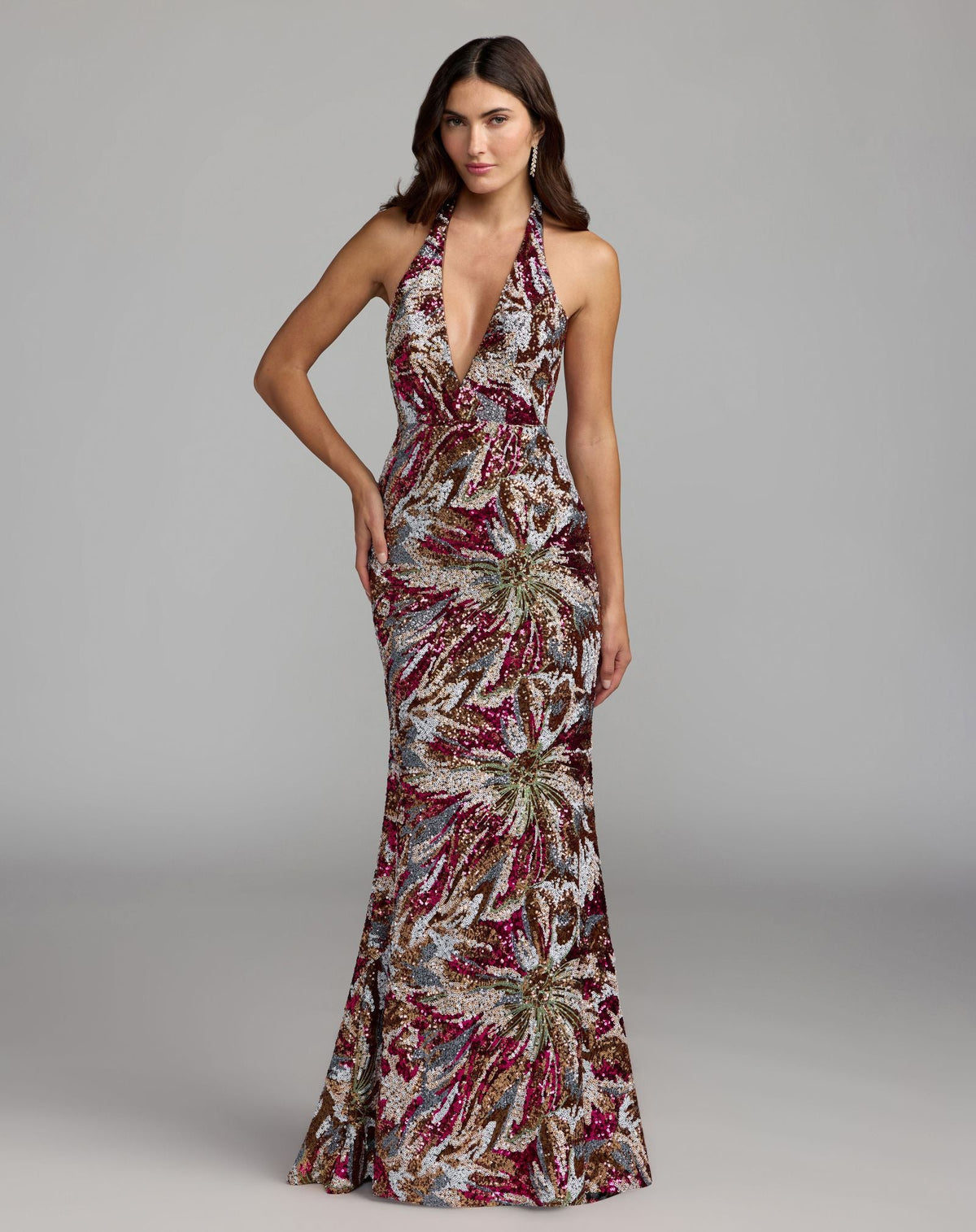 Mac Duggal #21391 berry multi floral sequin halter gown