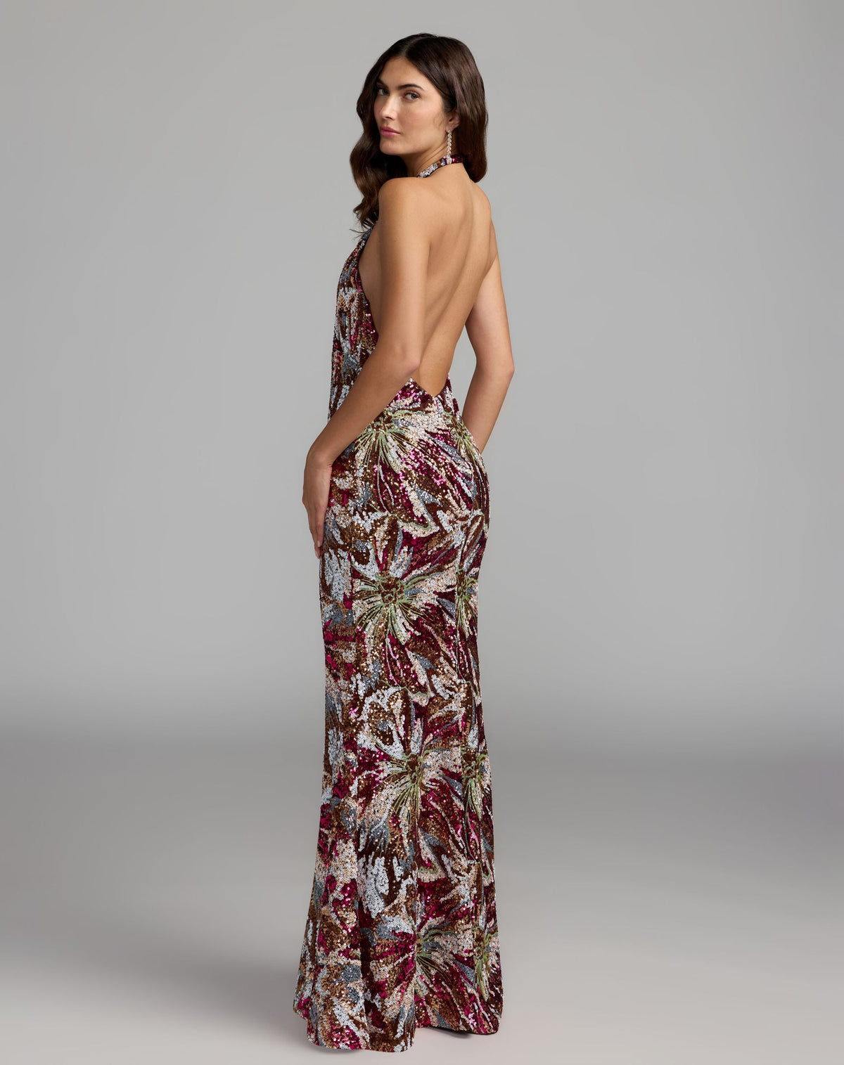 Mac Duggal #21391 berry multi sequin gown open back