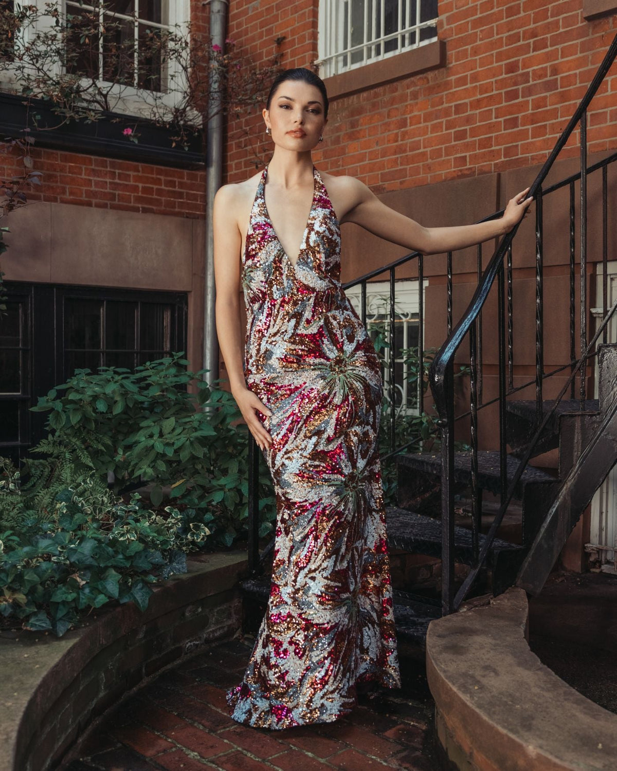Mac Duggal #21391 berry floral sequin evening gown