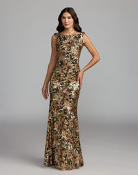 Mac Duggal #21392 Chocolate Multi floral sequin cowl back trumpet gown