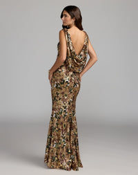 Mac Duggal #21392 Chocolate Multi floral sequin cowl back trumpet gown