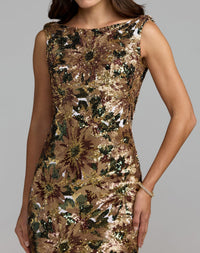 Mac Duggal #21392 Chocolate Multi floral sequin cowl back trumpet gown
