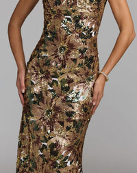 Mac Duggal #21392 Chocolate Multi floral sequin cowl back trumpet gown