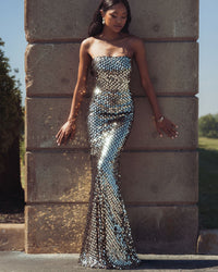 Mac Duggal #21393 black gold sequin column gown lifestyle