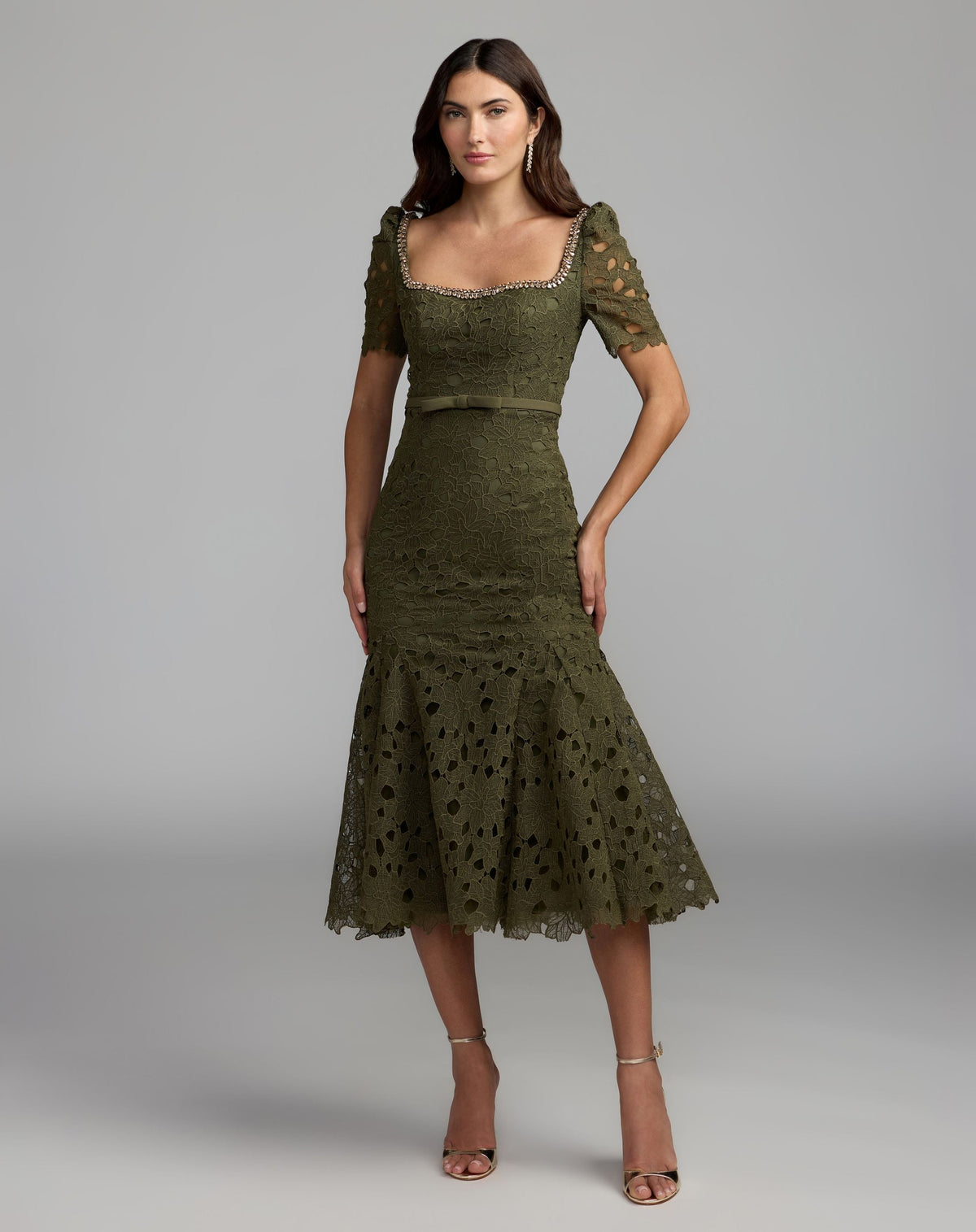 Mac Duggal #21397 olive lace midi dress front