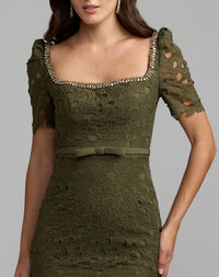 Mac Duggal #21397 olive lace midi dress close-up