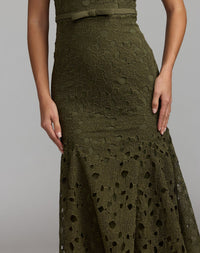 Mac Duggal #21397 olive lace midi dress close-up detail