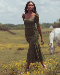 Mac Duggal #21397 olive midi dress lifestyle