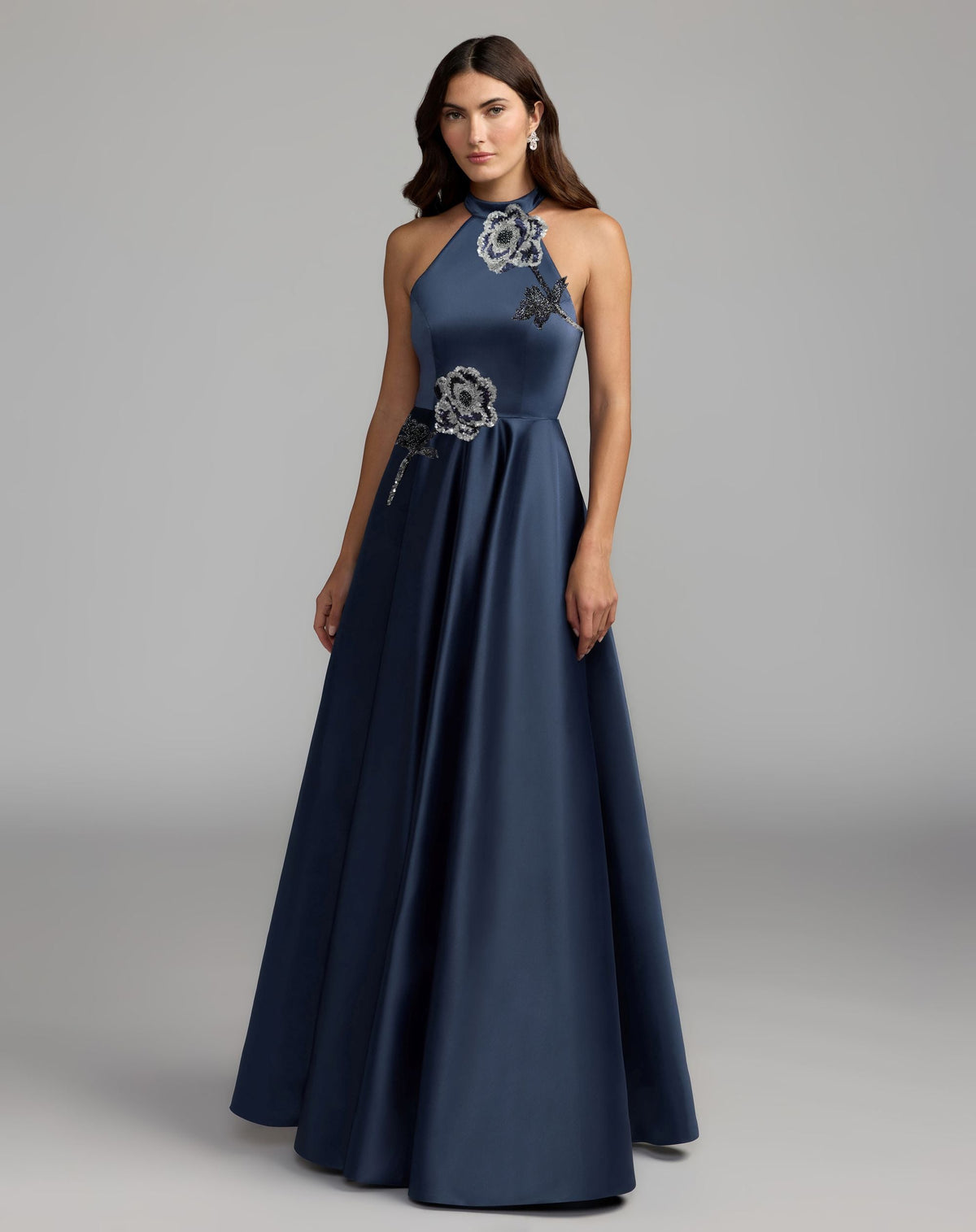 Mac Duggal #21415 midnight navy floral sequin applique halter ball gown