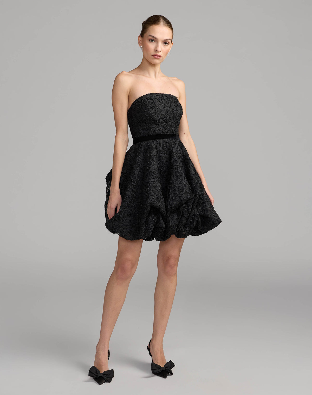 Mac Duggal #21416 black strapless embroidered bubble hem mini dress