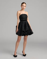 Mac Duggal #21416 black strapless embroidered bubble hem mini dress