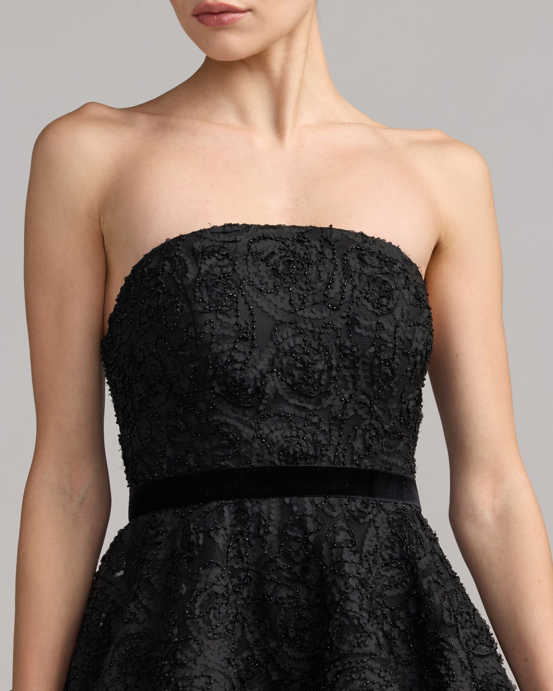 Mac Duggal #21416 black embroidered mini dress detail