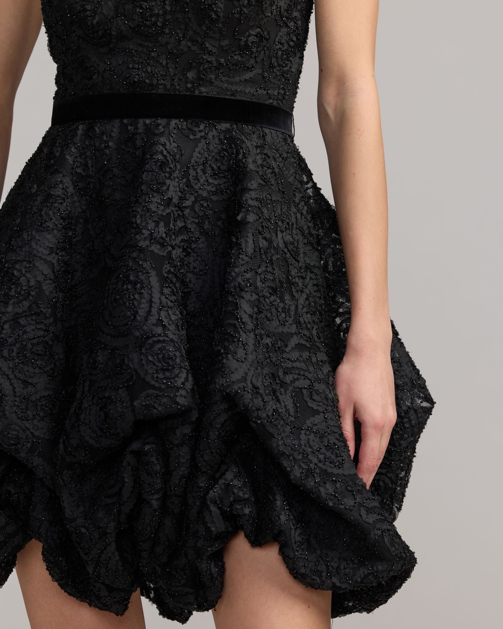 Mac Duggal #21416 black velvet waistband and bead embellishment close-up