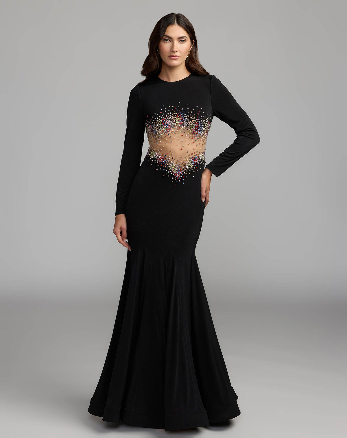Mac Duggal #21432 black crystal embellished illusion jersey gown