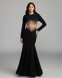 Mac Duggal #21432 black crystal embellished illusion jersey gown