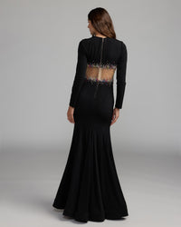Mac Duggal #21432 black jersey gown illusion back