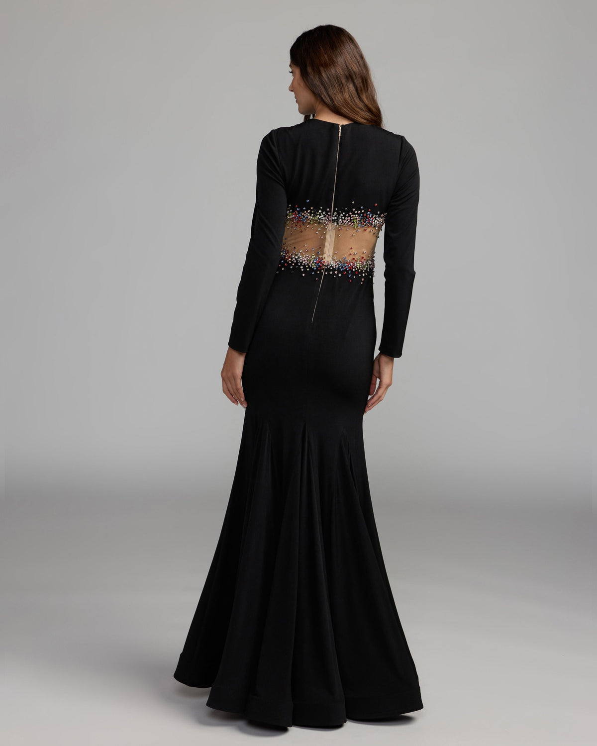 Mac Duggal #21432 black jersey gown illusion back