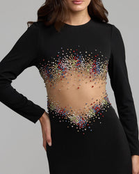 Mac Duggal #21432 black jersey gown crystal illusion bodice close-up