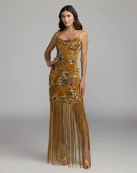 Mac Duggal #21486 gold embellished fringe velvet gown