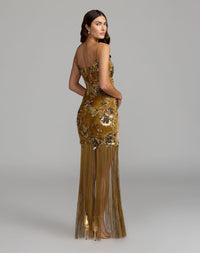 Mac Duggal #21486 gold fringe gown back view