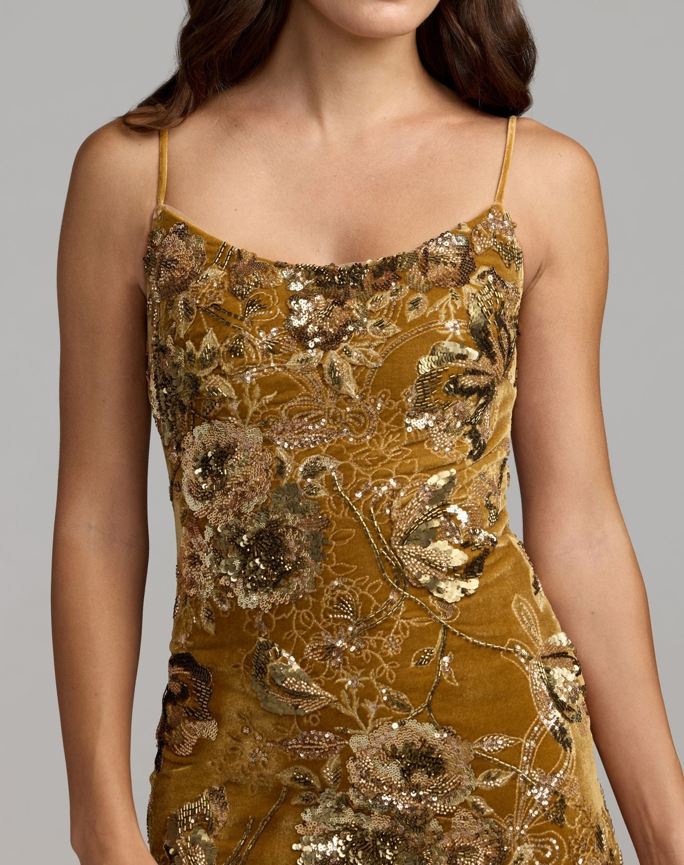 Mac Duggal #21486 gold embellished velvet gown close up