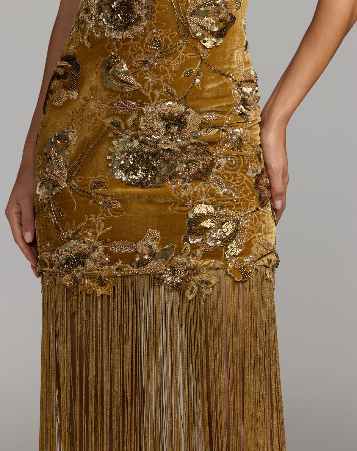 Mac Duggal #21486 gold beaded floral embellishment detail
