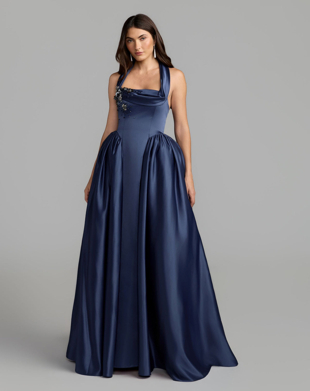 Mac Duggal #21501 sapphire satin open back ball gown