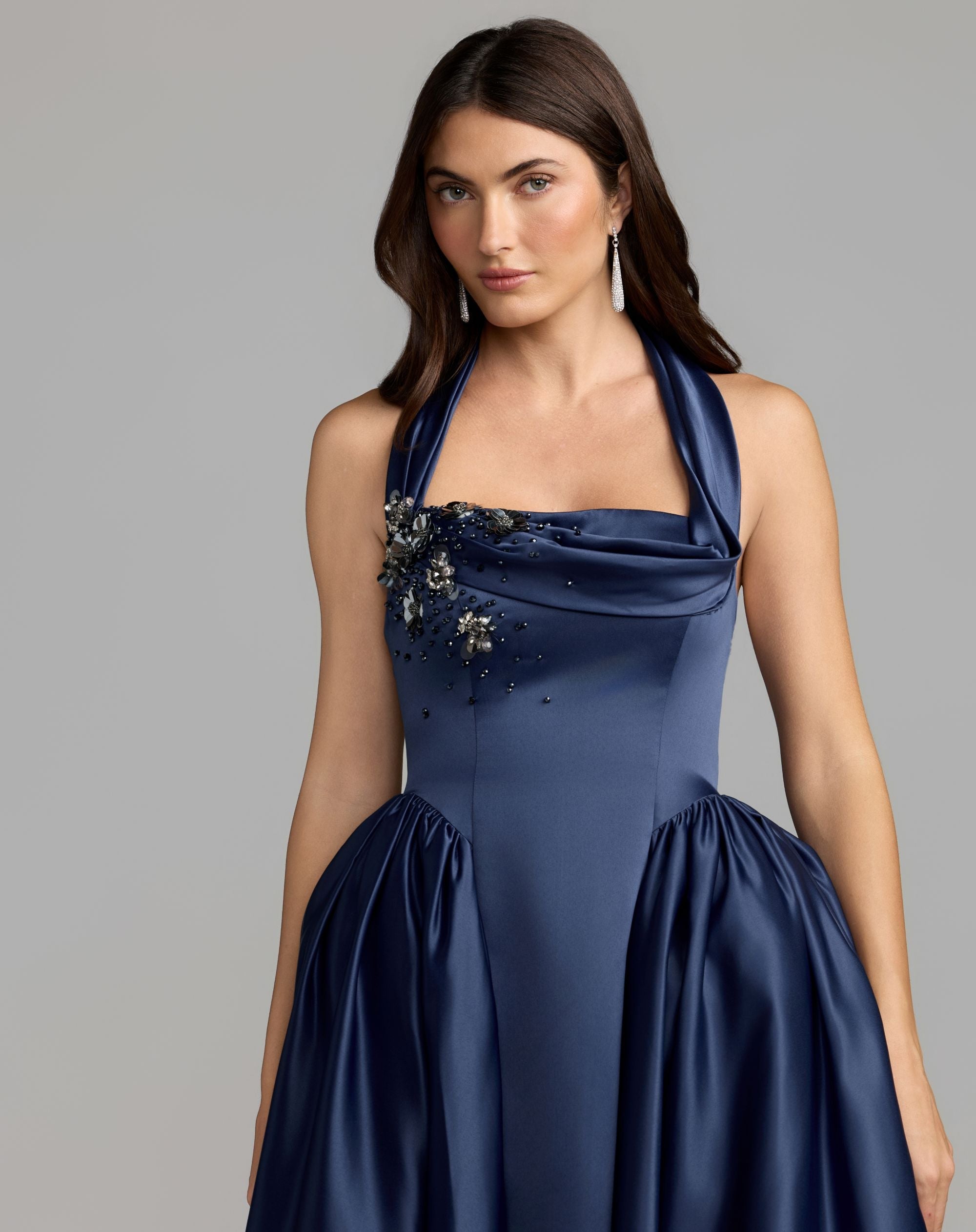 Mac Duggal #21501 sapphire draped halter neckline detail