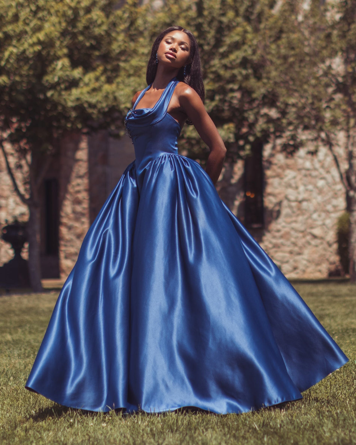 Mac Duggal #21501 sapphire ball gown lifestyle full length