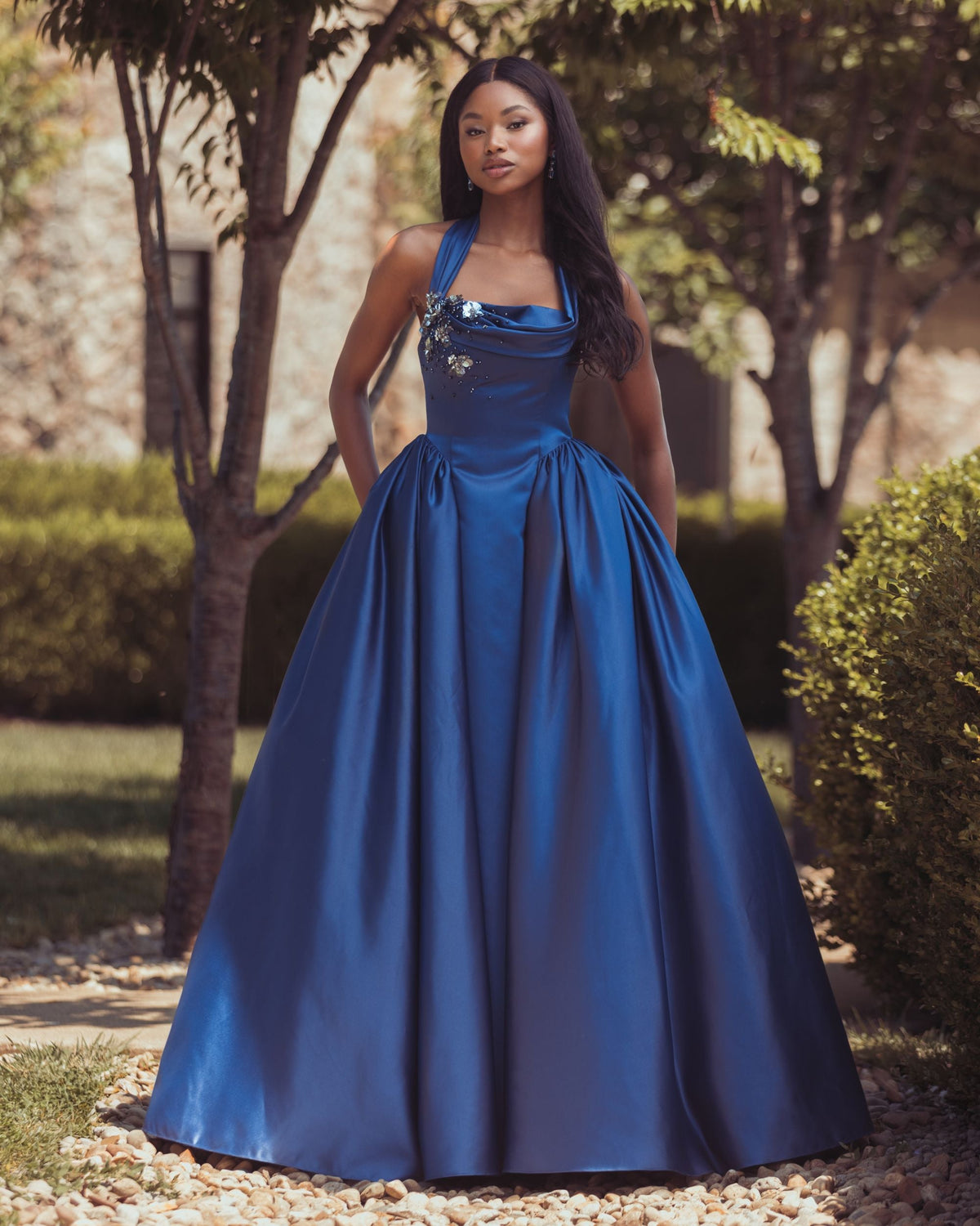 Mac Duggal #21501 sapphire satin ball gown lifestyle